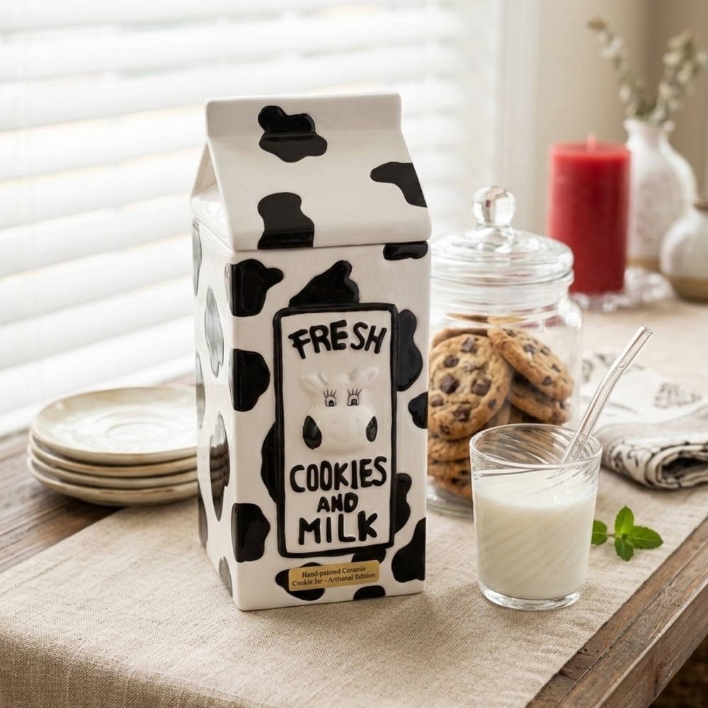 Houston Harvest Fresh Cookies & Milk 1/2 Gallon Milk Carton Cow Spot Cookie Jar